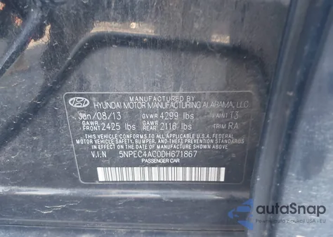 2013 Hyundai Sonata Se from USA, damaged, VIN 5NPEC4AC0DH671867